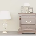 Traditional Wooden Nightstand Featuring Drawers Table Lamp Alarm Clock and Photo Frame