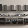 Modern Kitchen Appliances Display Featuring Range Hoods Gas Stoves and Cookware Sets 3d model