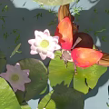 Garden Landscape With White Lotus Flowers Green Lily Pads And Red Spotted Ladybug