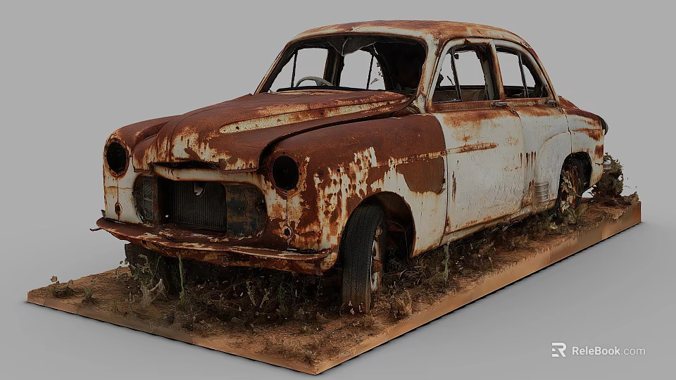 Abandoned Old Rusty Car With Rusted Body In Outdoor Overgrown Grass Setting 3d model 