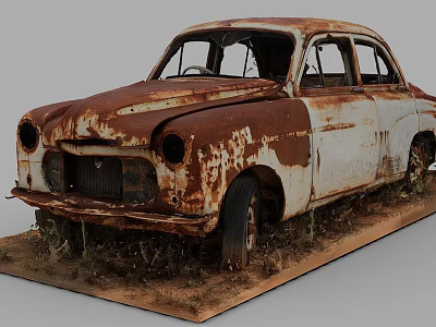 Abandoned Old Rusty Car With Rusted Body In Outdoor Overgrown Grass Setting 3d model