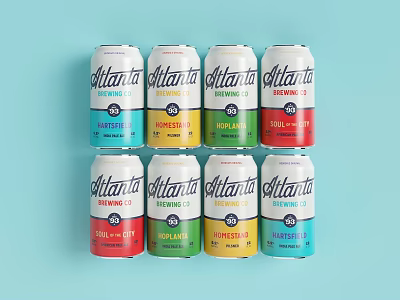 Atlanta Brewing Co Canned Drinks In Assorted Colors Arranged On Light Blue Background 3d model