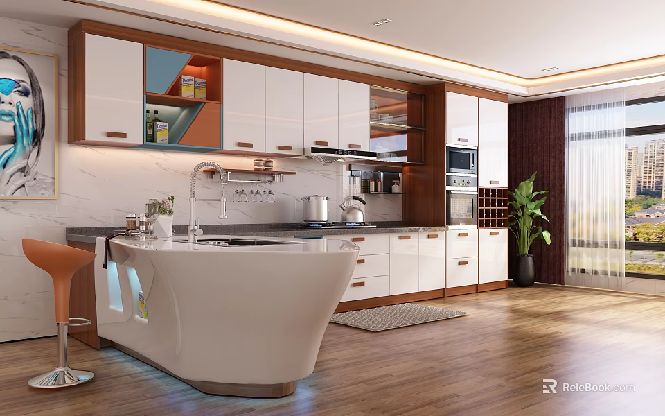 Modern Kitchen With Stylish Cabinets And Unique Island 3d model 