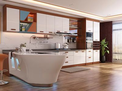 Modern Kitchen With Stylish Cabinets And Unique Island 3d model