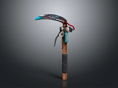 Artistic Decorative Curved Blade Tool With Colorful Pattern Metal Parts Wooden Handle And Red Accents 3d model