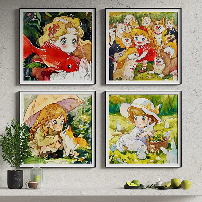 Character Paintings With Girls Fish Cats Dogs Rabbits And Garden Scenes 3d model