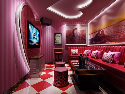 Pink Striped KTV Interior With Heart Shaped Decor Red Sofas And Checkered Floor 3d model