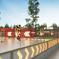 Fun Kids Go Kart Track With Checkerboard Fence And Tire Barriers On Grass Lawn