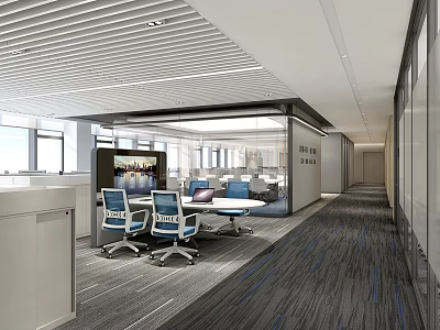 Modern Public Office Area With Open Layout Desks Chairs Natural Light And Striped Carpet 3d model