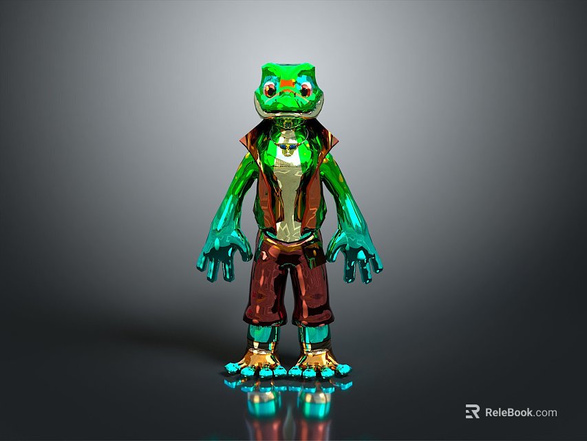 Glowing Green Frog Shaped 3D Game Movie Character with Brown Outfit and Reflective Surface 3d model 