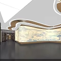 Spacious Modern Hall Interior Design With Traditional Mural And Wooden Curved Ceiling