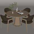 Minimalist Light Wood Round Dining Table Set with Four Upholstered Chairs and Green Plant Vase