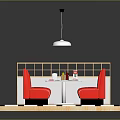 Red Booth Sofas Square Dining Table Black White Checkered Floor Wooden Screen Pendant Light Furniture