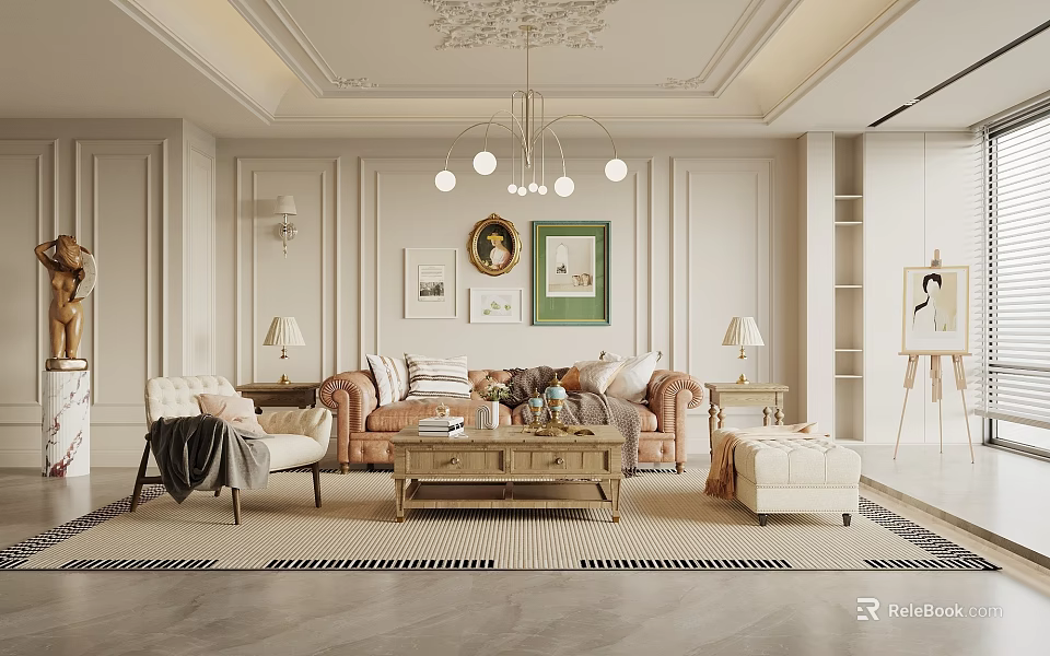 Elegant Living Room Interior With Beige Armchair Brown Sofa Wooden Coffee Table And Chandelier 3d model 