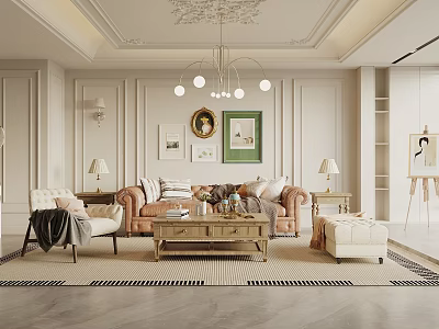 Elegant Living Room Interior With Beige Armchair Brown Sofa Wooden Coffee Table And Chandelier 3d model