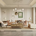 Elegant Living Room Interior With Beige Armchair Brown Sofa Wooden Coffee Table And Chandelier