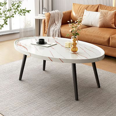 Modern Oval Coffee Table With Marble Texture Top And Black Legs 3d model
