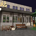 Traditional Railway Station Building At Night With Square Benches Street Lamps And Carriage