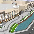 Modern Scenic Waterfront Landscape With Promenade People Walking High Rise Buildings And Green Trees