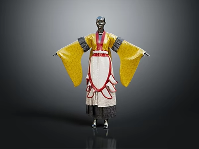 Traditional Yellow Costume With Red And White Accents And Wide Sleeves Design 3d model