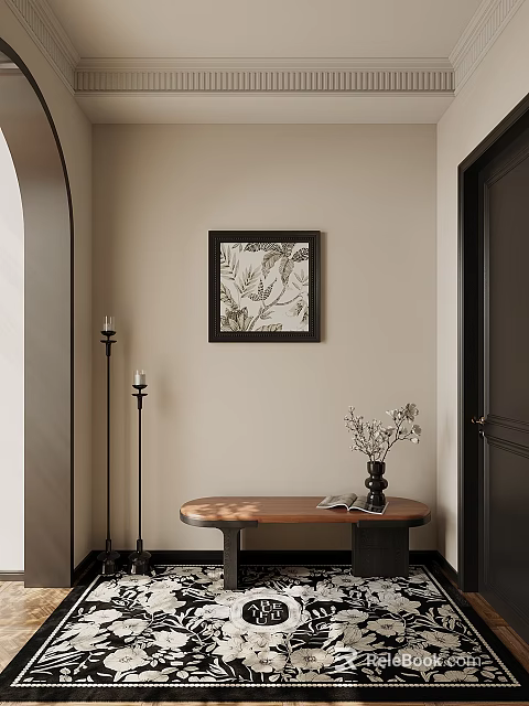 Stylish Entryway with Beige Walls Black Framed Botanical Art and Wooden Console Table 3d model 