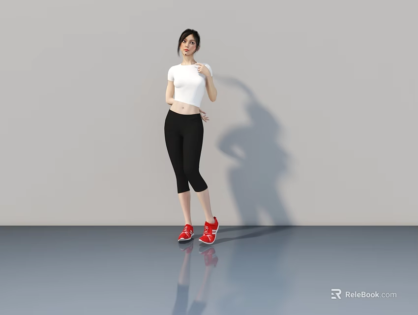Woman Wearing White Top Black Leggings Red Sneakers Standing Against Gray Background With Reflective Floor 3d model 