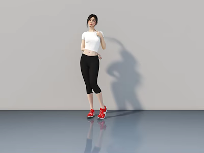 Woman Wearing White Top Black Leggings Red Sneakers Standing Against Gray Background With Reflective Floor 3d model