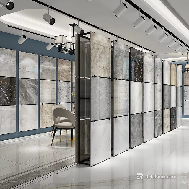 Modern Tile Showroom Interior With Various Textured Wall Tiles And Metal Display Racks 3d model 