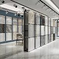 Modern Tile Showroom Interior With Various Textured Wall Tiles And Metal Display Racks