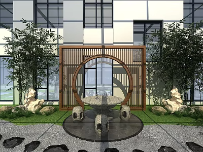 Garden Landscape With Modern Building Circular Wooden Frame Stone Table And Bamboo Plants 3d model
