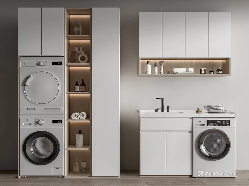Modern White Laundry Room Interior With Washing Machine Dryer Sink Countertop And Storage Cabinet 3d model 