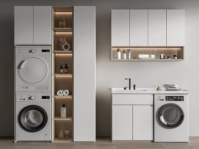 Modern White Laundry Room Interior With Washing Machine Dryer Sink Countertop And Storage Cabinet 3d model