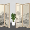 Traditional Chinese Wooden Room Divider With Landscape Painting And Potted Plant