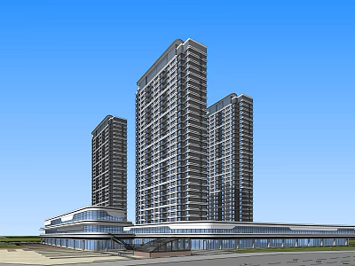 Modern High Rise Tower Complex With Glass Curtain Walls And Commercial Base Design 3d model