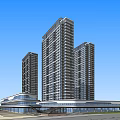 Modern High Rise Tower Complex With Glass Curtain Walls And Commercial Base Design