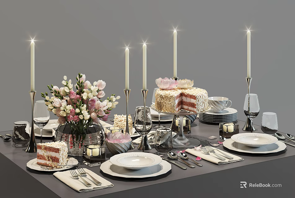 Elegant Tableware Set with Cake Flower Bouquet Candles Plates and Cups for Dining Table 3d model 
