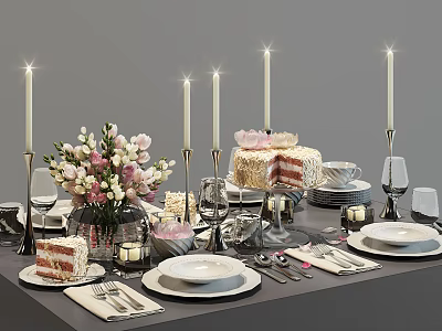 Elegant Tableware Set with Cake Flower Bouquet Candles Plates and Cups for Dining Table 3d model