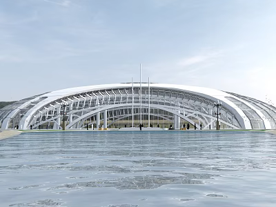Modern Large White Arched Building With Glass Curtain Walls And Water Reflection Under Blue Sky 3d model