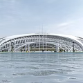 Modern Large White Arched Building With Glass Curtain Walls And Water Reflection Under Blue Sky