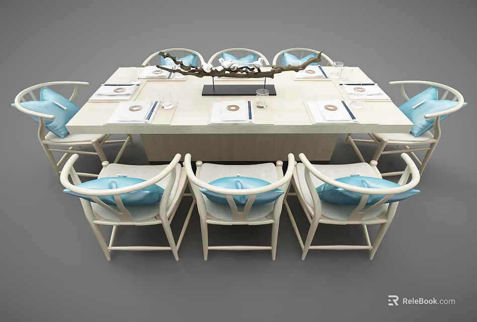 Modern Minimalist White Dining Table Set With Six Light Blue Cushioned Chairs And Tableware 3d model
