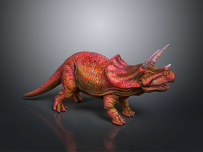 Triceratops 3D Model With Red Orange Color And Three Horns Standing On Dark Background 3d model