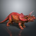 Triceratops 3D Model With Red Orange Color And Three Horns Standing On Dark Background