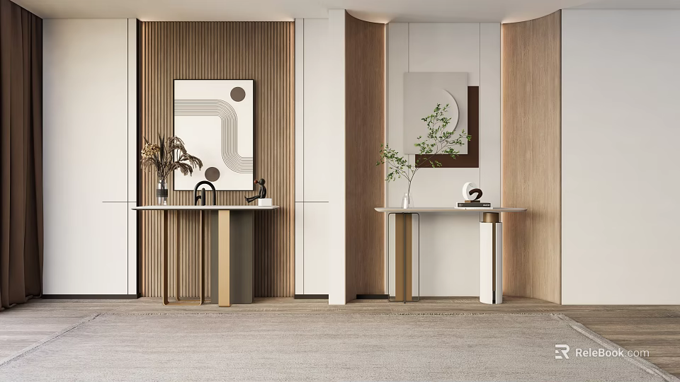 Two Modern Console Tables With Wooden Panel Walls Accent Mirrors Vases And Art Pieces 3d model 