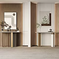 Two Modern Console Tables With Wooden Panel Walls Accent Mirrors Vases And Art Pieces