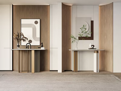 Two Modern Console Tables With Wooden Panel Walls Accent Mirrors Vases And Art Pieces 3d model