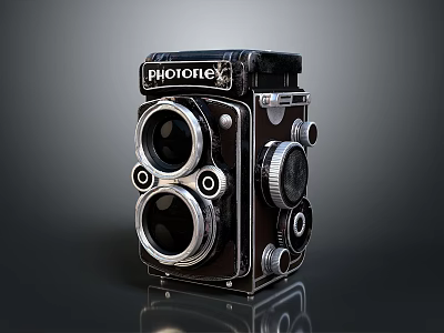 Vintage PHOTOREX Twin Lens Camera Electronic Device Featuring Black Silver Design and Knobs 3d model