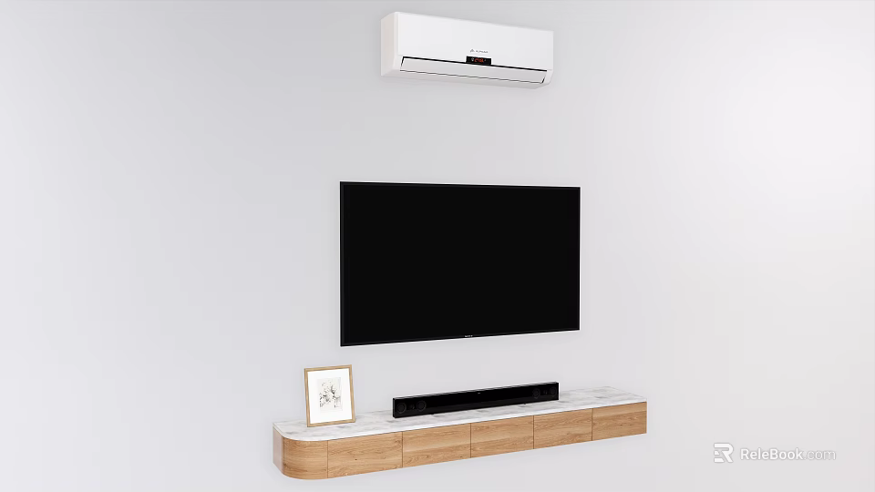 Modern Wooden TV Stand With Flat Screen TV Photo Frame And Soundbar On White Wall 3d model 