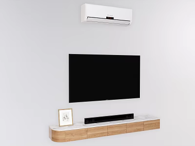 Modern Wooden TV Stand With Flat Screen TV Photo Frame And Soundbar On White Wall 3d model