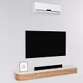 Modern Wooden TV Stand With Flat Screen TV Photo Frame And Soundbar On White Wall