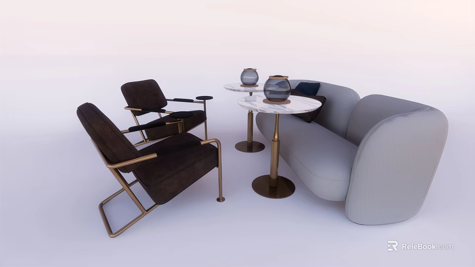 Modern Public Chairs With Metal Frame And Round Marble Coffee Table 3d model 